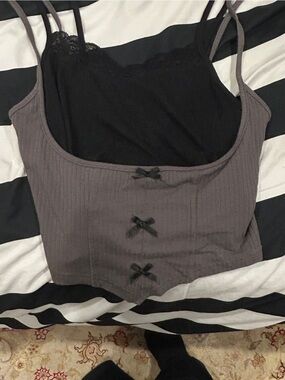 Grey & Black Ribbed layered Crop Top with Bow Details